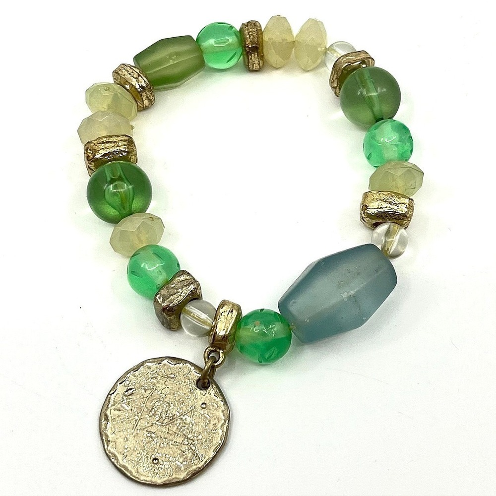 Vintage Gold Tone Mixed Green Art‎ Glass Bead Stretch Bracelet Coin Charm Boho